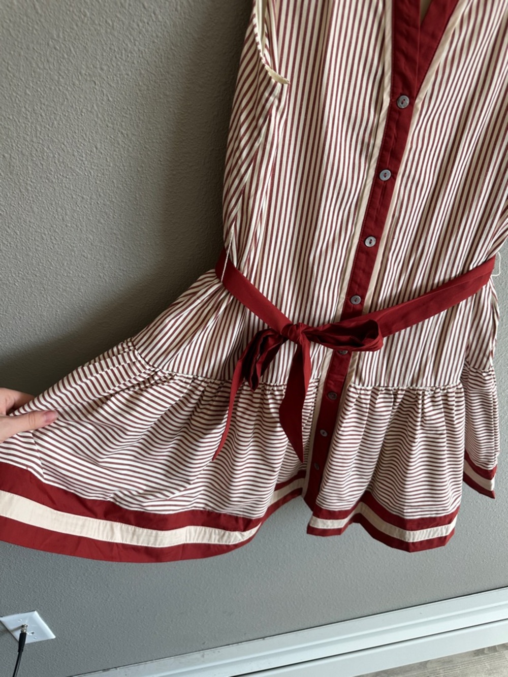 NWT Entro Red and Ivory Striped Belted Shirt Dress - Picture 6 of 13